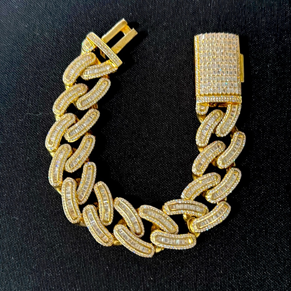 925 sterling silver gold plated baguette cz bracelet 20mm thick